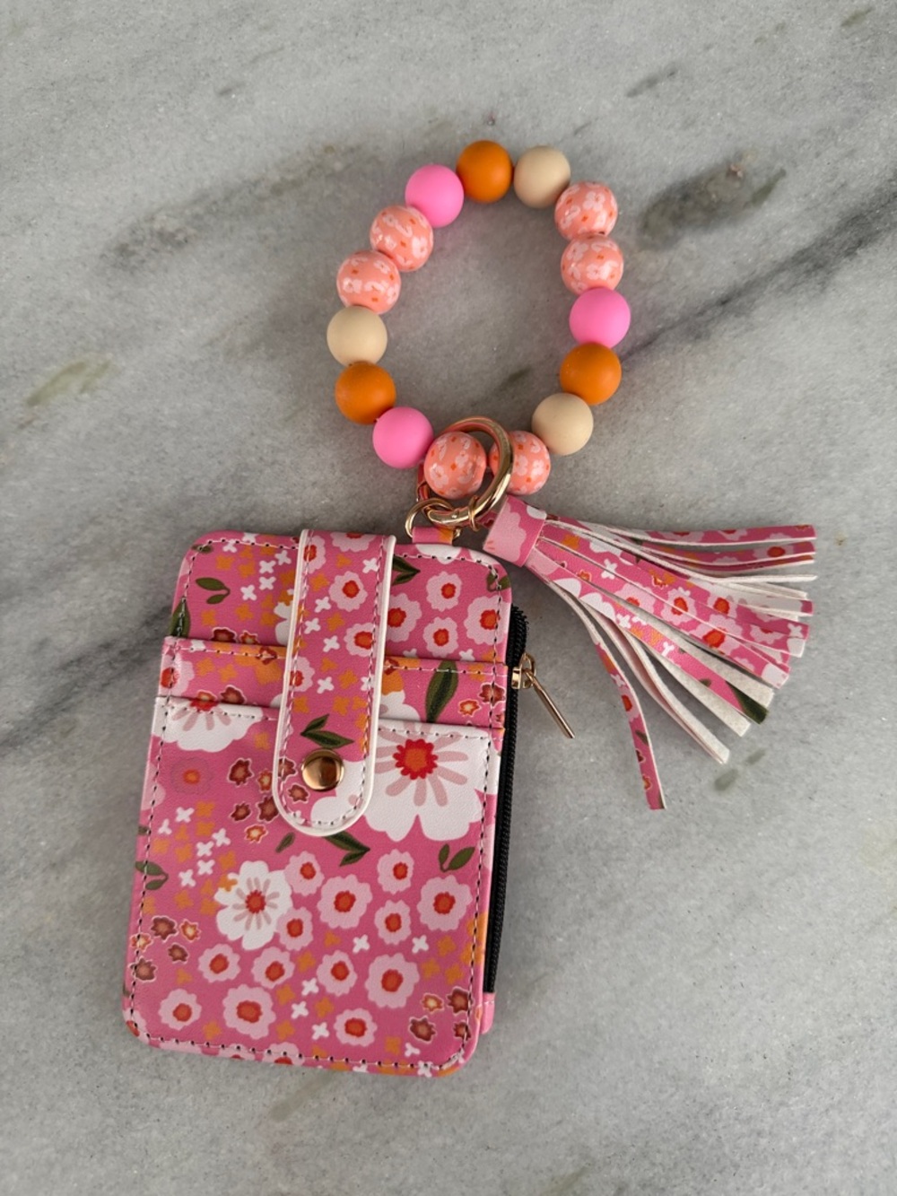 NWOT Pink Floral Wristlet Card Holder with Beaded Tassel